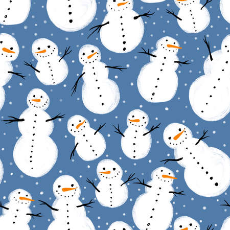 Seamless Christmas pattern with snowmen and snowflakes. Christmas greeting card.の写真素材