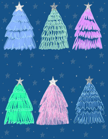Holiday Card with Evergreen Silhouettes drawn in watercolor in pastel rainbow colors.の写真素材