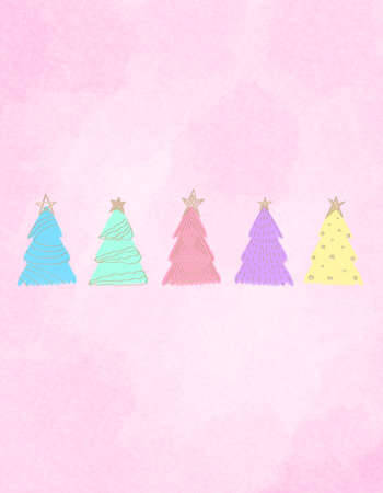 Seasonal card with Christmas trees. Winter Postcard with decorated fir.の写真素材
