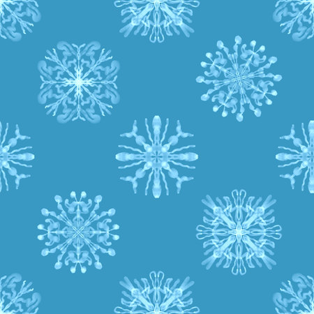 Seamless winter pattern from snowflakes. Blue watercolor snow patterns.の写真素材