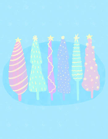 Cute cartoon winter card. Hand drawn Christmas illustration of fir trees.の写真素材