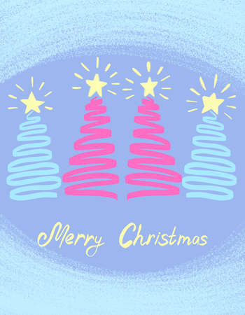 Bright hand drawn winter card. Abstract Christmas trees and stars.の写真素材
