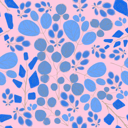 Seamless abstract pattern with blue flowers. Leaves with golden branches.の写真素材