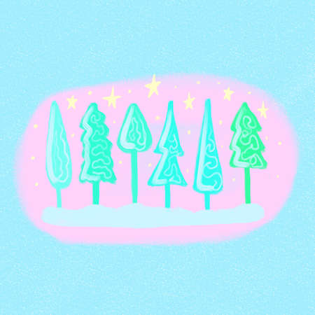 Cute hand drawn winter card. Christmas trees and stars on a pink background.の写真素材