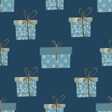 Seamless pattern with gift craft boxes. Pattern for printing from blue boxes.の写真素材