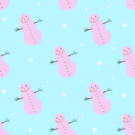 Seamless pattern with pink snowmen and snowflakes on a blue background.の写真素材