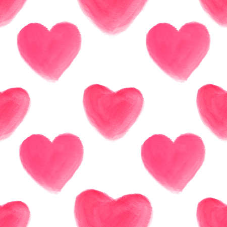 Watercolor Hand Drawn Bright Pink Hearts on White Background Seamless Pattern.の写真素材
