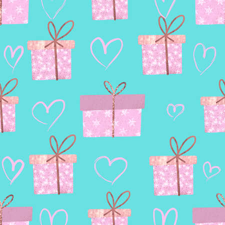 Seamless pattern with pink gift boxes and hand drawn hearts on blue background.の写真素材