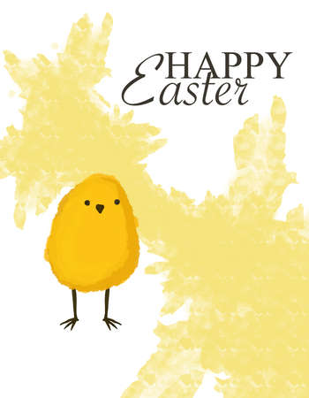 Happy Easter card with Yellow Watercolor Chicken. Cute Chicken with text . Abstract yellow watercolor background.の写真素材