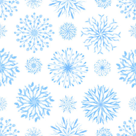 Winter seamless pattern with blue Watercolor Snowflakes. Hand drawn festive Christmas background.の写真素材