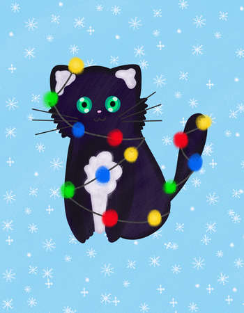 Cute cartoon black cat with colorful Christmas garland. Funny doodle cat card.の写真素材