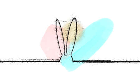 Weird abstract Easter background. Rabbit by black line and watercolor spots.の写真素材