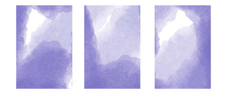 A set of three abstract paintings in trendy colorcolor of the year 2022. Watercolor cards. Very peri color. Fluid art.の写真素材