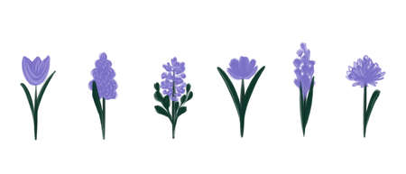 Set of Abstract purple Flowers painted with Acrylic isolated on white background. Hand drawn flower buds. Very Peri color.の写真素材