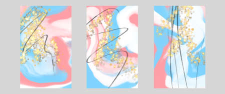 Set of three pieces of art. Natural luxury abstract fluid art painting in alcohol ink technique. Tender and dreamy wallpaper.の写真素材