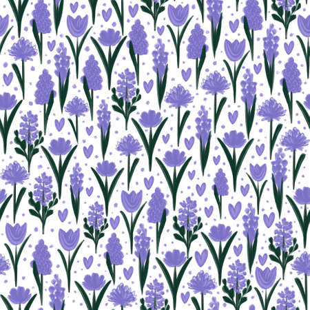 Floral seamless pattern with purple flowers. Watercolor purple flowers. Seamless pattern design. Modern, farmhouse, eclectic.の写真素材