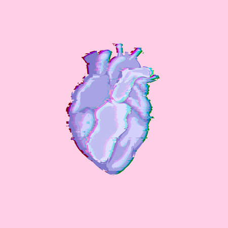 Valentines card with a human heart drawn in Trendy style on pink background. Purple neon Heart in 2000s styles with pixels. Very Peri love.の写真素材