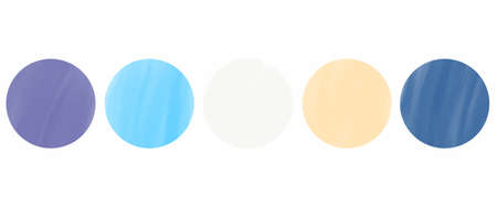 Stains of  paints for design. Very Peri  Palettes. Top view of Aquarelle palettes, brushes with various color paints and acrylic paint.の写真素材