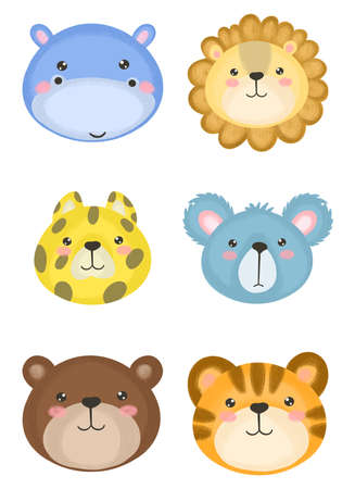 Cute hand drawn zoo animals for Kids poster. Cute bear, tiger, lion, hippopotamus, koala, leopard. Cartoon vector illustration. Hand drawn vector illustration for posters, cards, t-shirts.の写真素材