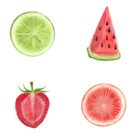 Watercolor Hand Painted Vector collection of fruits. Juicy and colorful fruit on white background including watermelon strawberry lime grapefruit.のイラスト素材