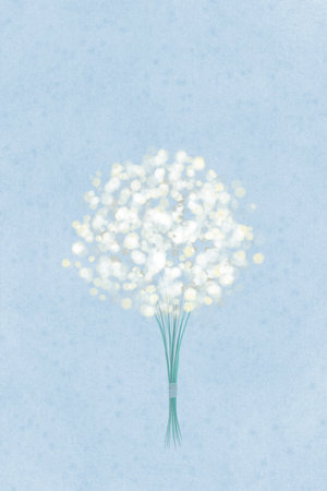 Hand drawn bouquet and sparkles on a blue canvas in brush painting style. Postcard template for wedding with place for your text.の写真素材