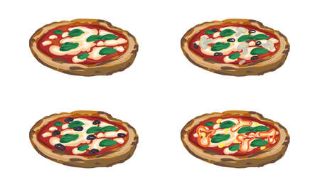 Set of 4 hand drawn Vegan Pizzas isolated on white background. Pizza with tomatoes, mozzarella cheese and Basil leaves. Pizza Margarita.の写真素材