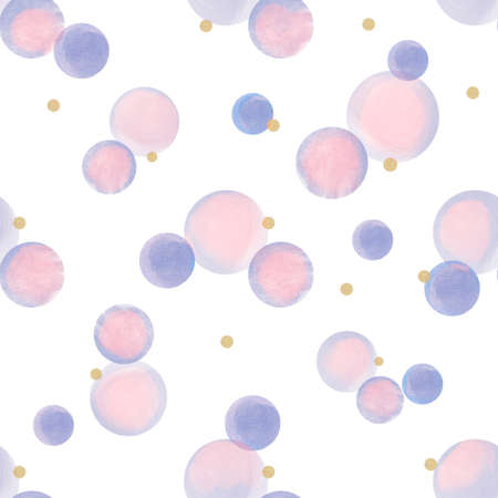 Watercolor texture. Aquarelle circles in pastel colors. Seamless pattern. Watercolor pink, and golden spots isolated on white background.の写真素材