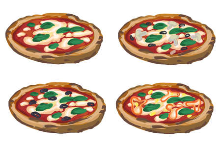 Set of 4 hand drawn vector Vegan Pizzas isolated on white background. Pizza with tomatoes, mozzarella cheese and Basil leaves. Pizza Margarita.のイラスト素材