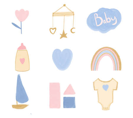 Boho baby set. Boho collection of elements for the childrens room painted in watercolor. Hand drawn set for the birth of a baby.の写真素材