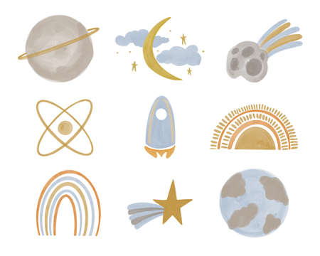 Boho watercolor set of cosmic bodies. Collection of hand drawn celestial elements. Moon, planets, camet, stars. Childrens illustration.の写真素材