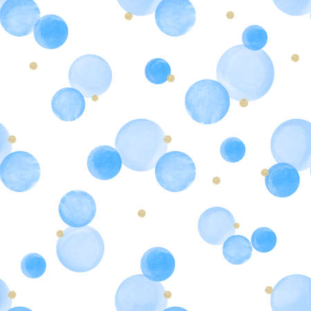 Seamless pattern with Watercolor texture. Aquarelle circles in pastel colors. Watercolor blue and golden spots isolated on white background.の写真素材