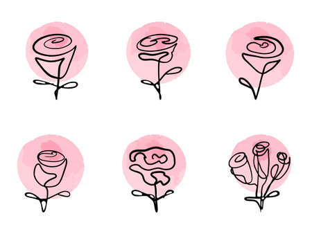 Set of roses drawn in one line with pink watercolor spots on the back. Vector set of hand drawn, single continuous line flowers with pastel color spots.のイラスト素材