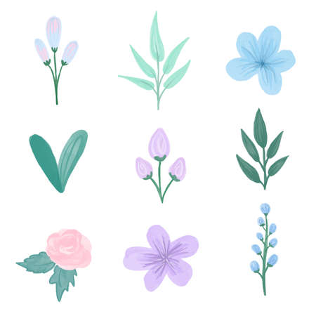 Collection of hand drawn spring watercolor flowers and leaves in pastel colors. Big Vector Set watercolor elements - wildflowers, herbs, branches.Floral illustration for design, print, fabric.のイラスト素材