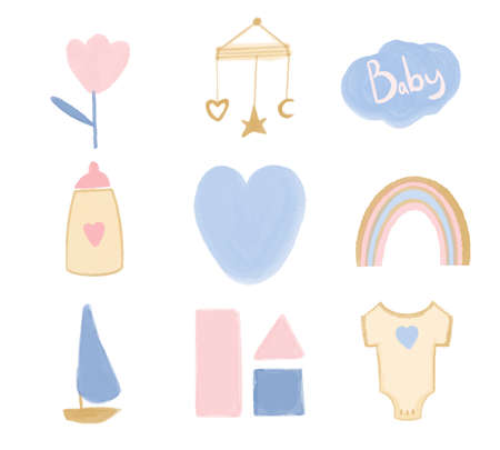 Boho collection of elements for childrens room hand drawn with watercolor paint. Vector illustration.のイラスト素材