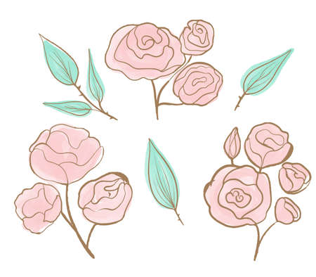 Set of floral branch. Flower pink rose, green leaves. Wedding Vector concept with flowers. Floral poster, invite. Roses drawn with golden one line and pink watercolor.のイラスト素材