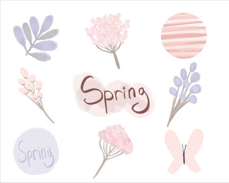 Spring set. Hand drawn Vector elements. Floral watercolor collection in pastel colors. Elements for design isolated on white background in boho style.のイラスト素材