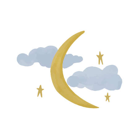 Space objects hand drawn with watercolors in boho style. Vector illustration. Crescent and stars painted with paints for childrens design.のイラスト素材