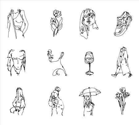 Surreal Faces Continuous line drawing. Set of faces and looks, fashion concept, woman beauty minimalist. vector illustration. Vector illustration.のイラスト素材