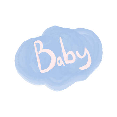 Hand drawn watercolor element for nursery in boho style. Vector illustration. Blue cloud with hand lettering baby.のイラスト素材