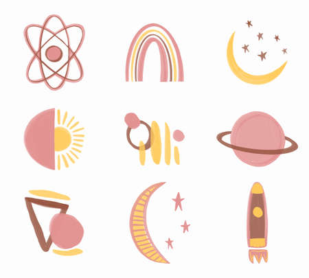 Vector Collection of space objects in boho style. Pink hand drawn watercolor set for nursery decor. Boho baby set.のイラスト素材