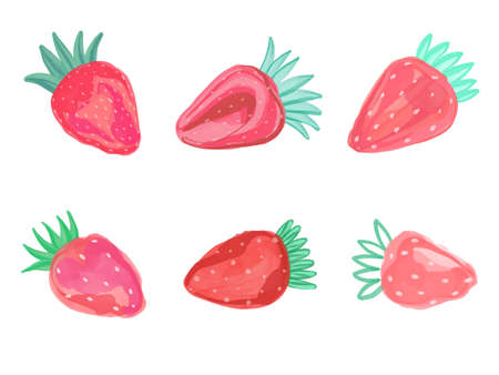 Hand drawn Vector watercolor set of Strawberries. Pink juicy Berries isolated on white background. Summer elements for design.のイラスト素材