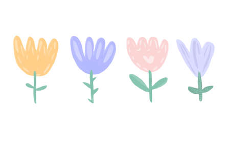 Set of cute vector Flowers. Cute cartoon flat design. Colorful Tulips hand drawn in childrens style.のイラスト素材