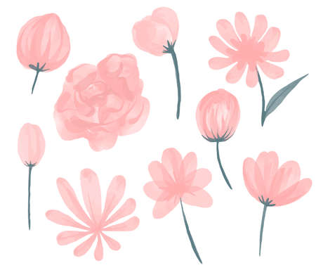 Vector Collection of pink watercolor flowers for wedding arrangements. Wedding concept with flowers. Flower pink rose, green leaves. Floral poster, invite.のイラスト素材