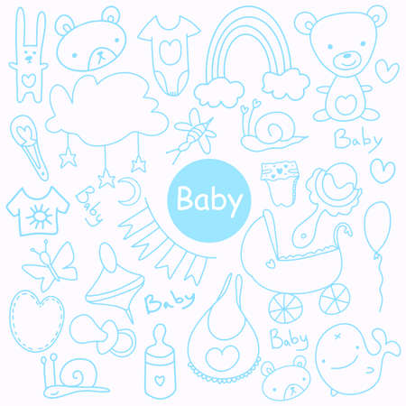 Sketchy hand drawn Doodle cartoon set of objects and symbols on the baby theme. Hand Made Design Vector New Born.のイラスト素材