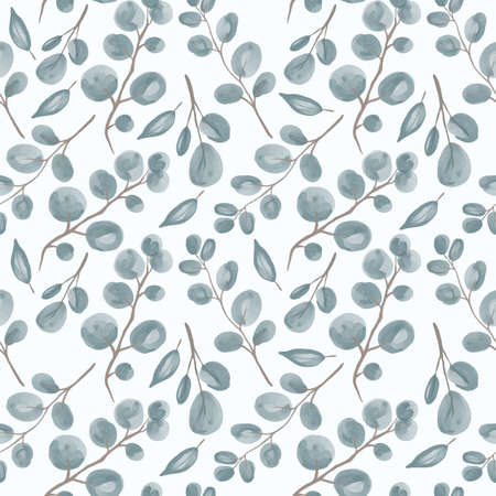 Eucalyptus floral watercolor seamless pattern. Vector illustration tropical greenery branches background for weddings.のイラスト素材