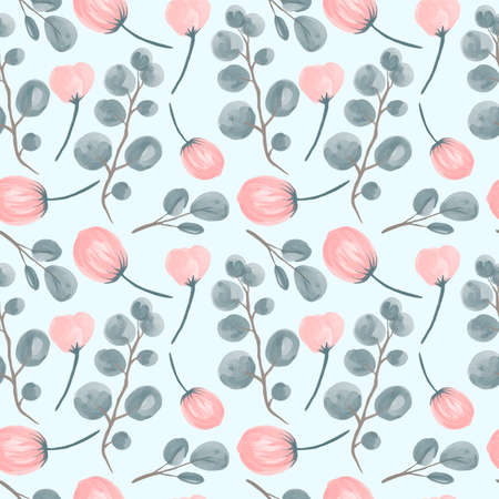 Seamless watercolor floral pattern. Composition of sprigs of eucalyptus and rosebuds on a blue background. Perfect for wedding invitations.のイラスト素材