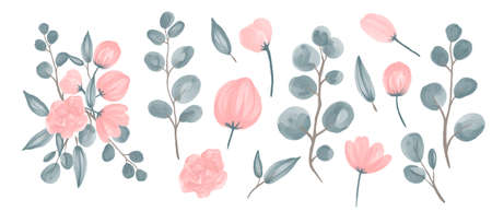 Collection of watercolor flowers and eucalyptus branches for wedding compositions. Vector illustration.のイラスト素材