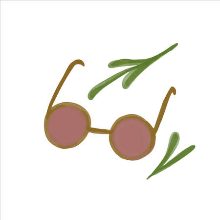 Hand drawn watercolor sun glasses and palm twigs in boho style. Vector illustration.のイラスト素材