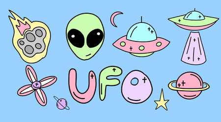 Vector Collection of ufo, aliens and space objects drawn in flat style. Childrens space illustration.のイラスト素材