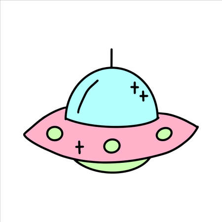 Vector Pink flying saucer in flat style. Ufo sticker in childrens style.のイラスト素材